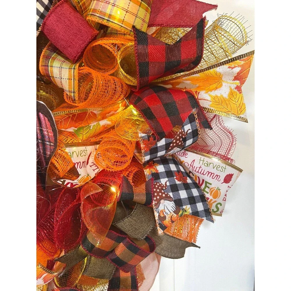 Handmade Thanksgiving Turkey Gnome Ribbon Welcome Door Wreath Leaf 22 in LED